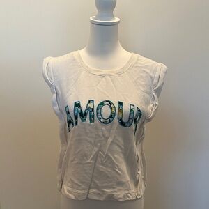 By Anthropologie White Crop Sweater with 'Amour' Design